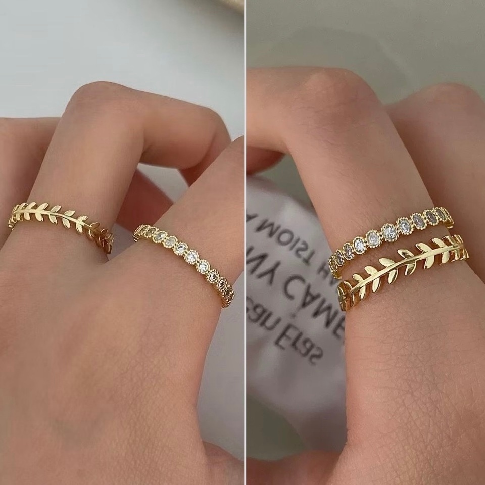 Anel fino de folha de zircônia, anel feminino de duas peças banhado a cobre, ouro 18K Prata 925 verdadeiro em Oferta na Shopee