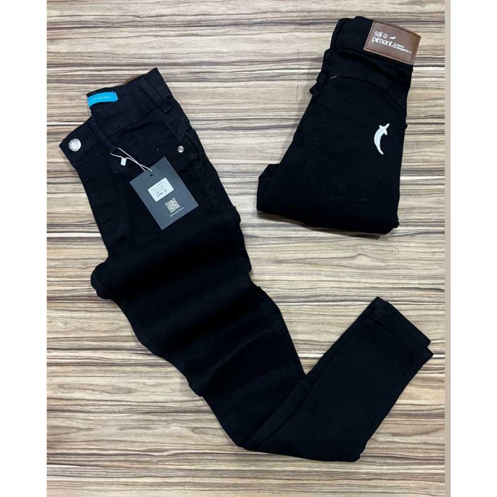 calça jeans preta sal e pimenta cintura alta/ 23GRAUS