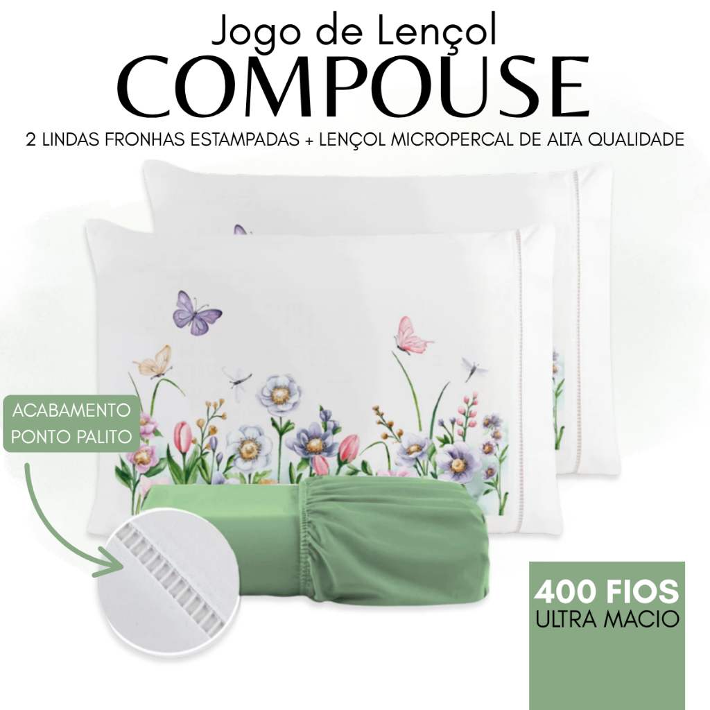 Kit Jogo de Cama Compouse - Lençol Micropercal 400 FIOS Fronha Estampa Floral Ponto Palito + Lençol