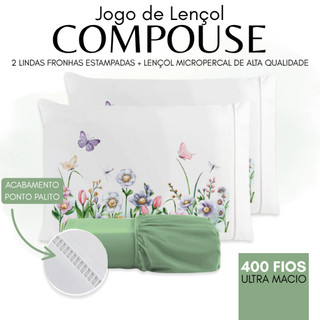 Kit Jogo de Cama Compouse - Lençol Micropercal 400 FIOS Fronha Estampa Floral Ponto Palit…