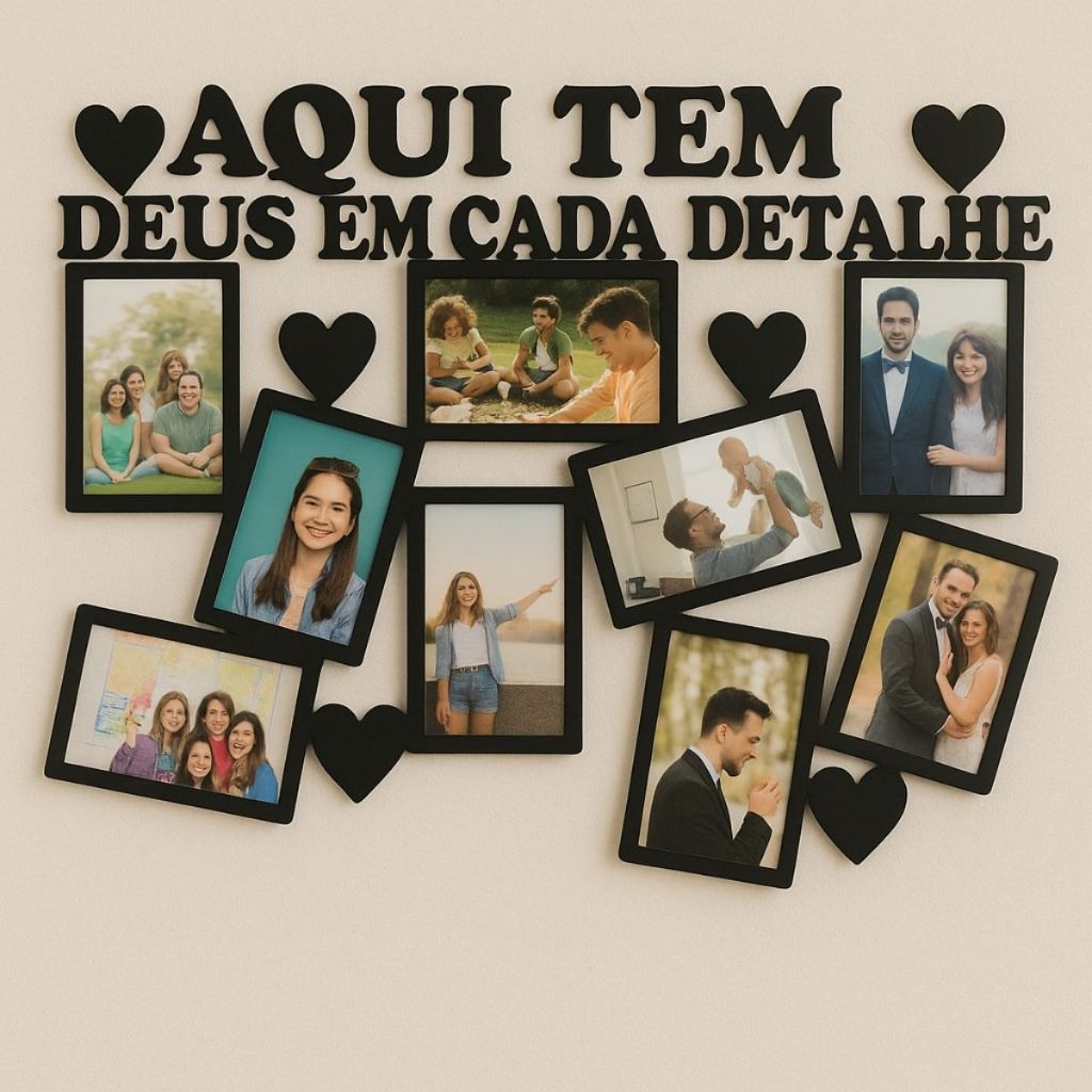 Painel Quadro Mural De Fotos Aqui Tem Deus - 9 Fotos Em Mdf
