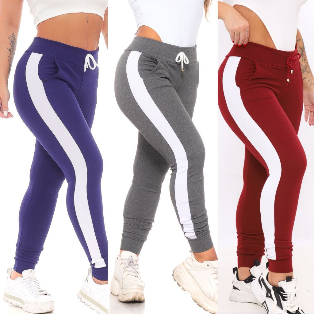 Kit 3 Calças Femininas Em Crepe Com Bolso Cintura Ajustável com Cordão em Oferta na Shopee