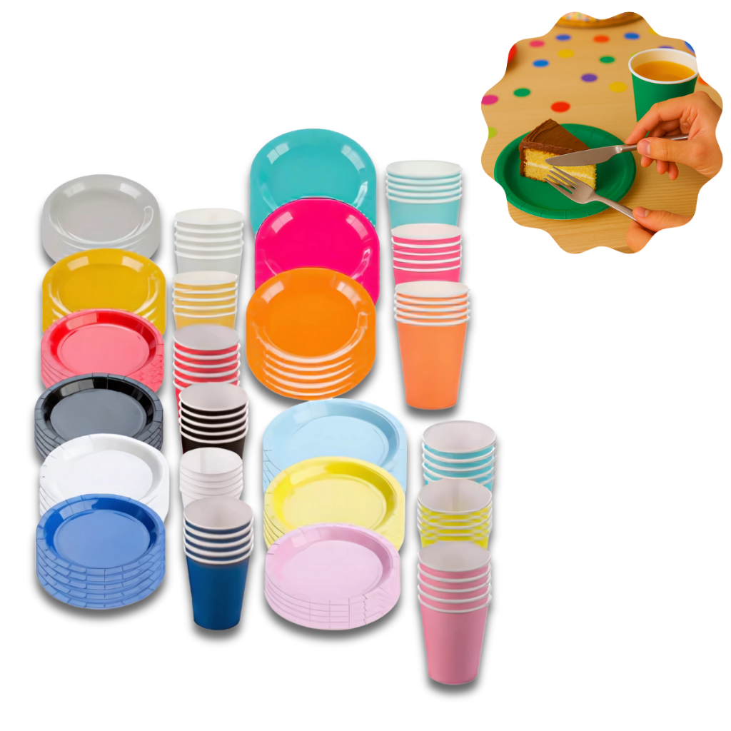 KIT COPOS PRATOS DESCARTÁVEIS PAPEL LISO COLORIDO Festas Aniversários Eventos Comemorações em Oferta na Shopee