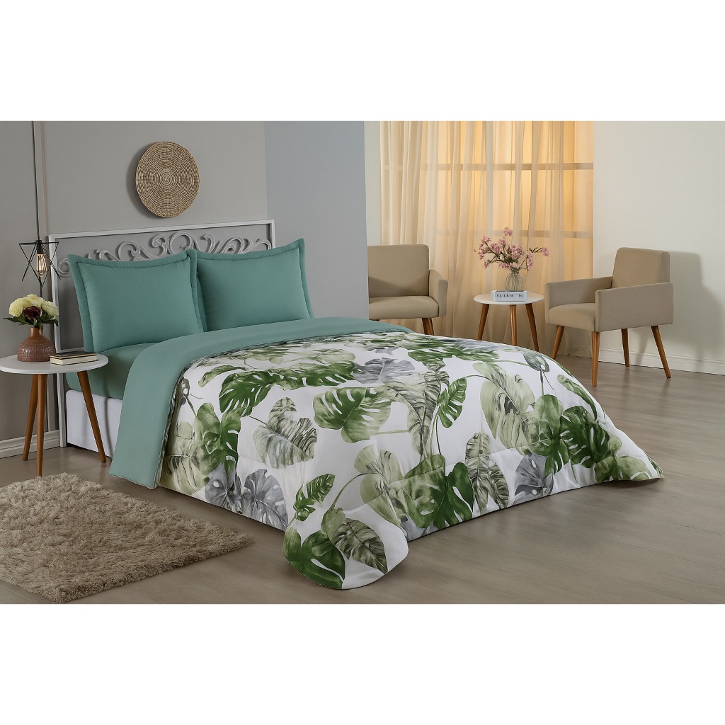 kit Cobre Leito Edredom Casal Queen Dupla Face Percal 200 Fios Costela da Adão com 3 peças