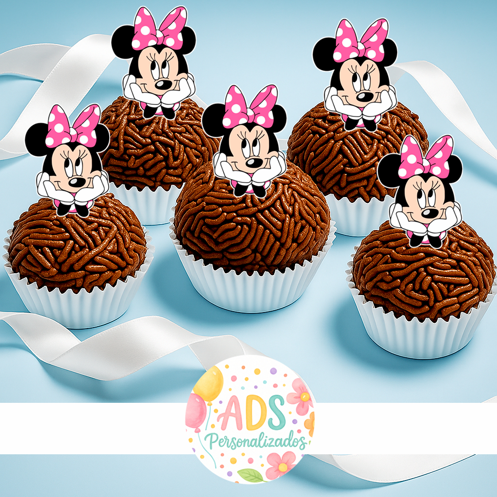 Kit c/ 50 Topper Tags minnie rosa Docinhos Brigadeiro Cupcake Festa Aniversário Topo