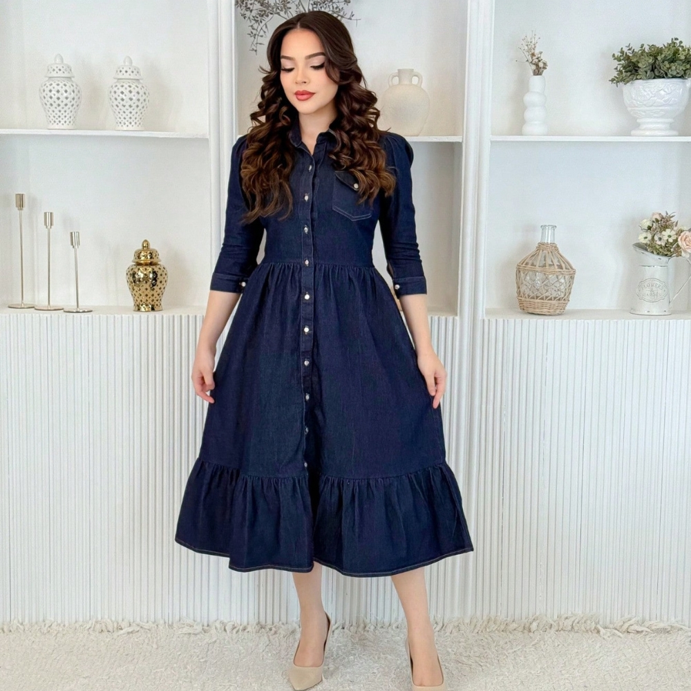 Vestido Feminino Midi Tecido Jeans Botões Frontais Funcionais Lindo e Delicado Moda Modesta