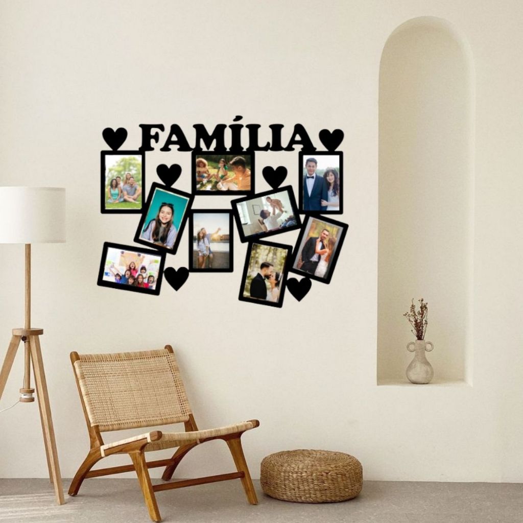 Painel Quadro Mural de Fotos Família em MDF – Porta Retrato para 9 Fotos 10x15 Decoração Parede