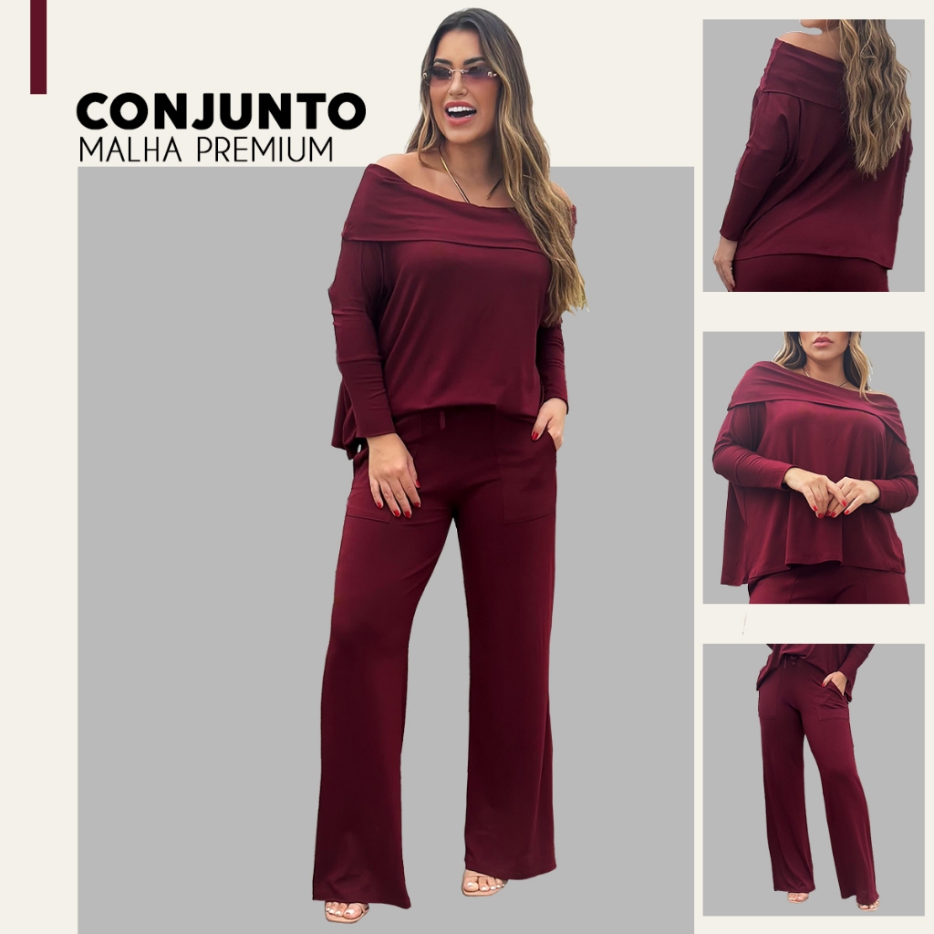 Conjunto Feminino Blusa Ombro a Ombro Manga Longa e Calça Munique Flare em Viscolycra Premium