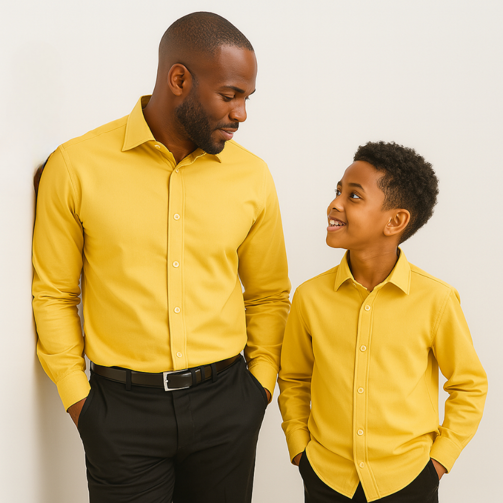 Camisa Social Masculina Manga Longa Amarela Tal Pai Tal Filho kit 2 Camisas Iguais