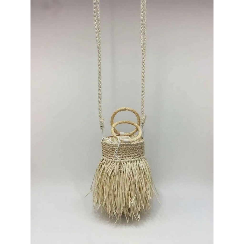 Bolsa Feminina de Palha com Alça de Mão Circular – Estilo Boho com Franjas Naturais em Oferta na Shopee