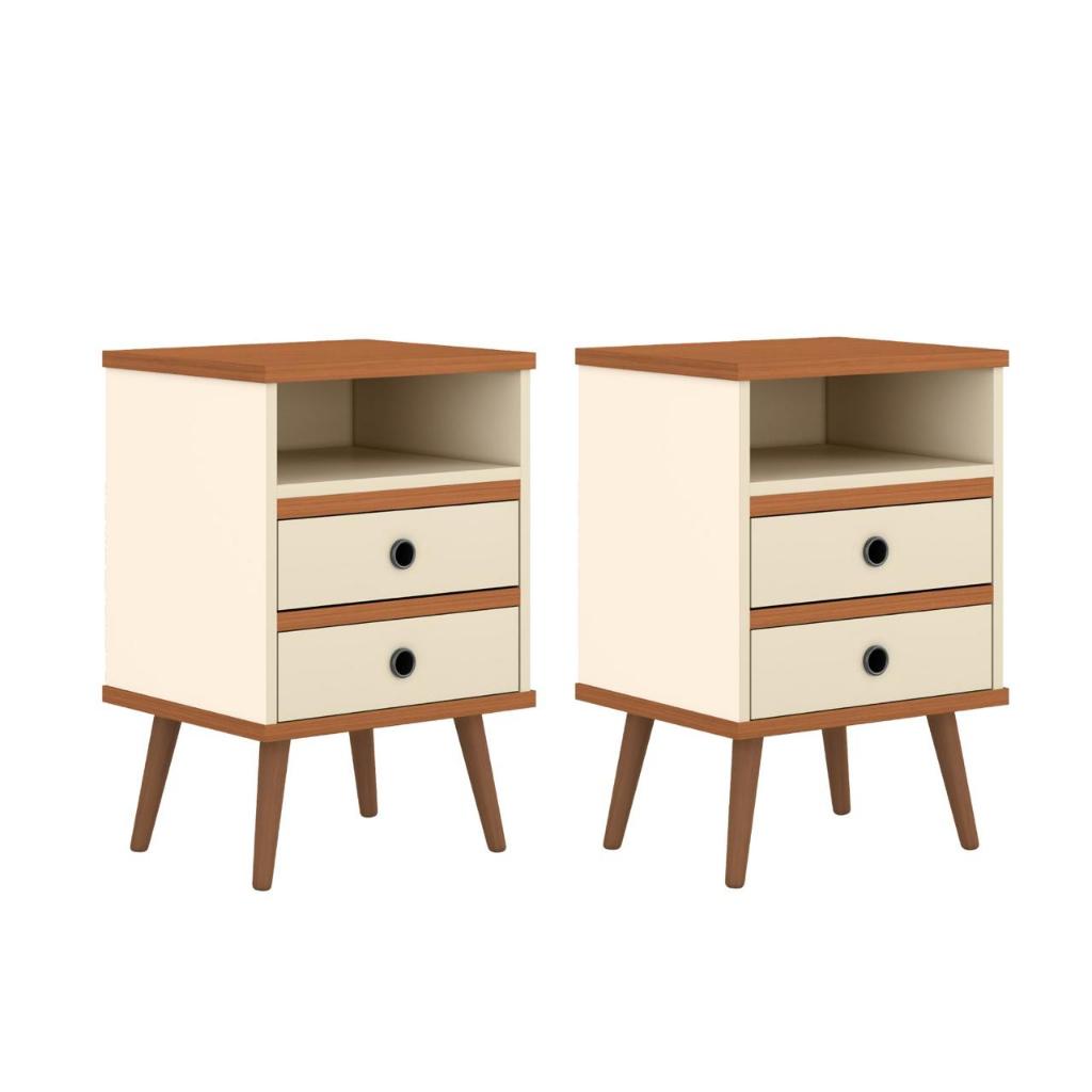 Conjunto Kit 2 Mesa De Cabeceira Retro Quarto Cama Alamo - Off white/nature em Oferta na Shopee