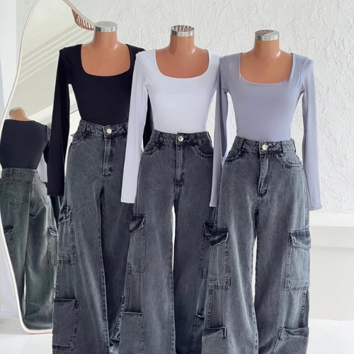 Kit Com 3 Body Collant Gola Quadrada Manga Longa Modelador Versátil Tendência Gringa Moda Blogueira