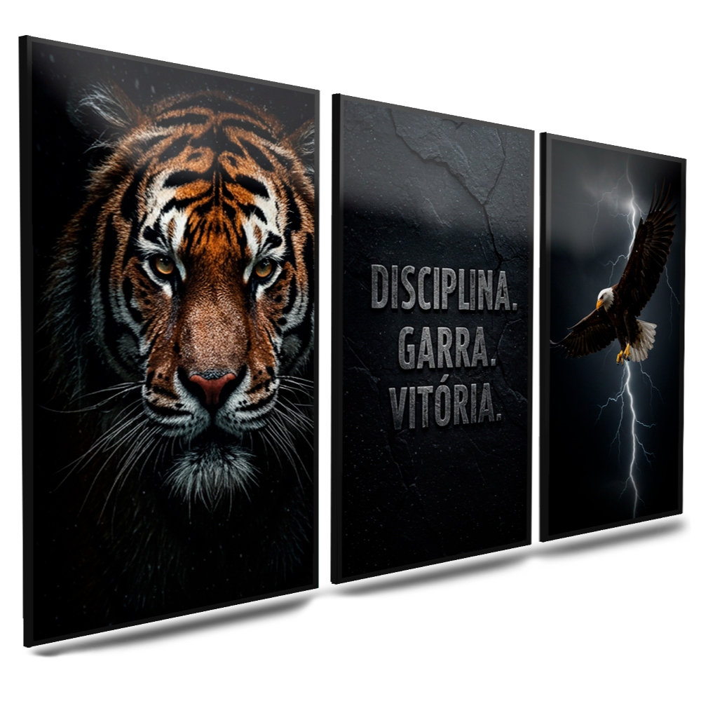 Quadro decorativo Disciplina.Garra.Vitória. Tigre e Águia motivacional 3 peças