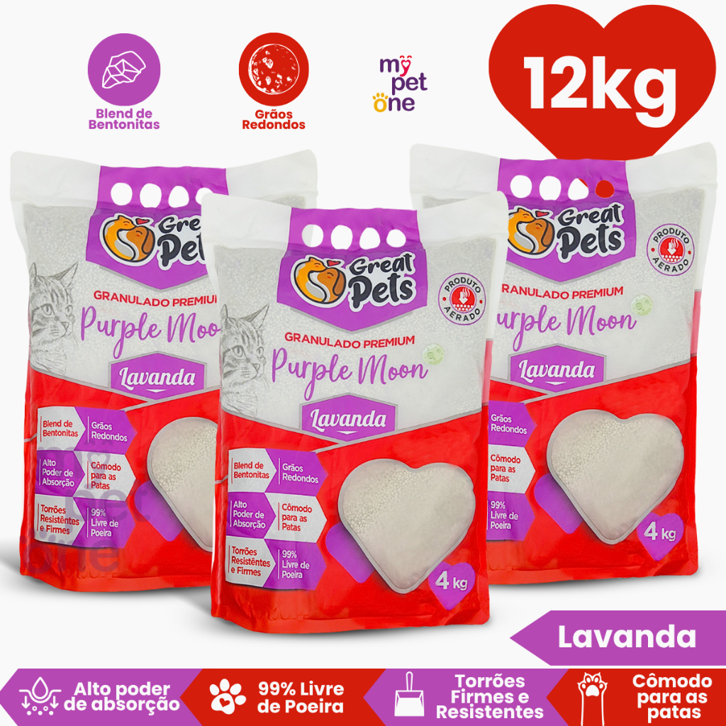 Kit 3 Areia Bentonita 4 Kg Esférica Premium Lavanda Great Pets para Gatos - Pets