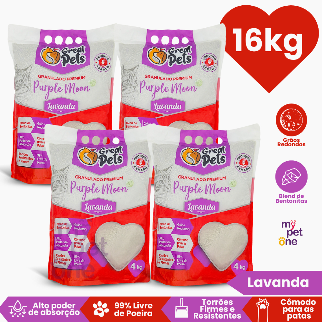 Kit 4 Areia Bentonita 4 kg Esférica Premium Lavanda Great Pets para Gatos - Pets