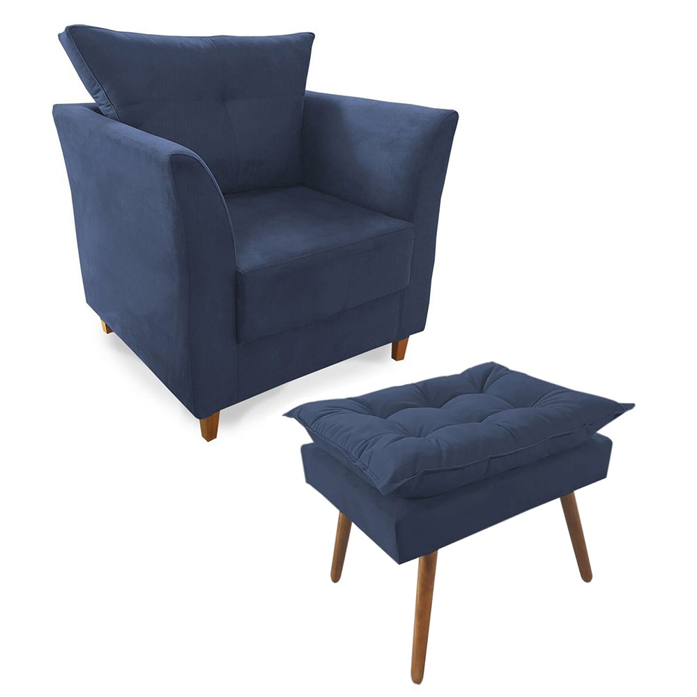 Combo Poltrona Isis com Puff Opalla D23 Suede Azul Marinho Pés Madeira Sala Quarto