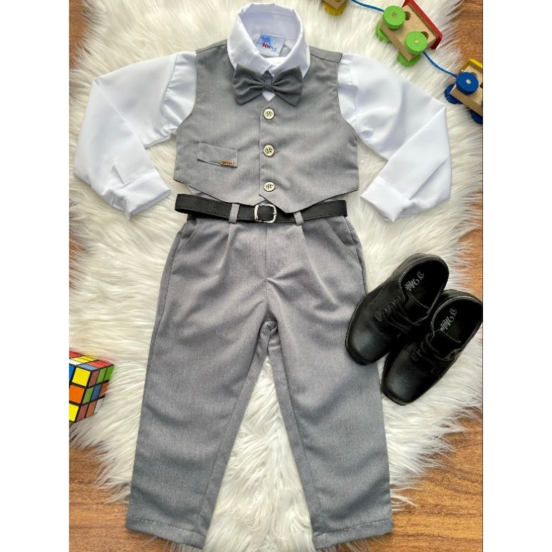 Conjunto Social Pajem Camisa Branca Calça Gravata e Colete Cinza Menino Casamento Formatura