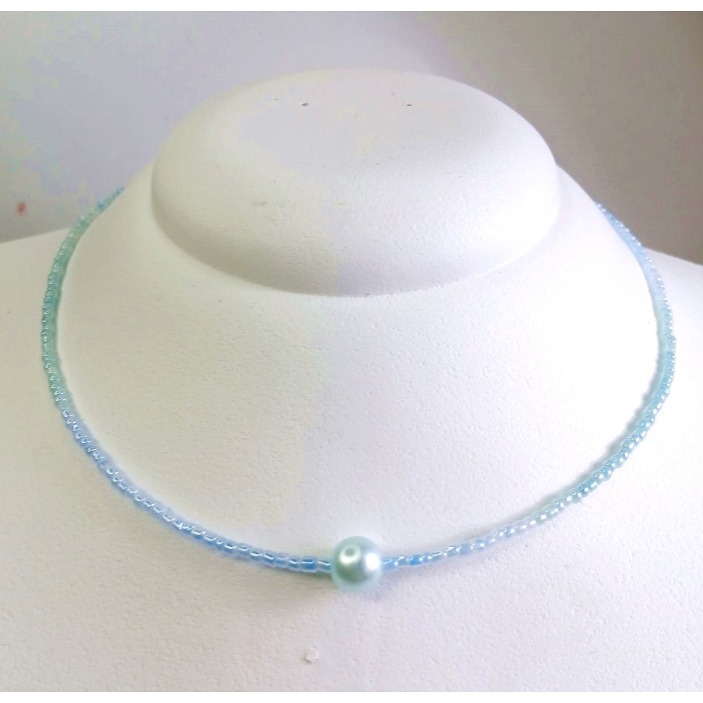 Colar de Miçangas - Colar Tons de Azul e Pérola - Colar de Perola Azul Claro - Feminino Masculino
