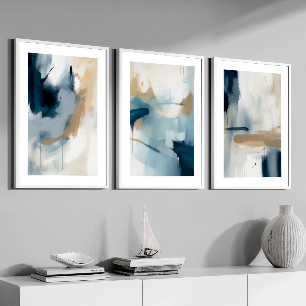 Conjunto Quadros Decorativo 50x70 cm Moldura e Vidro Para Sala Quarto Escritório Abstrato Trio Azul