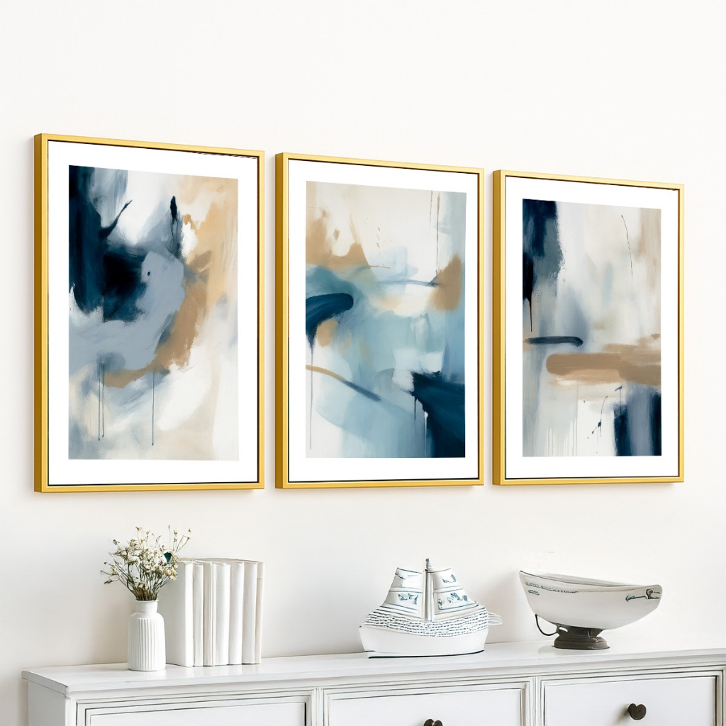 Kit 3 Quadros Decorativos 60x90 cm Com Moldura e Vidro Para Sala Quarto Escritório Hall
