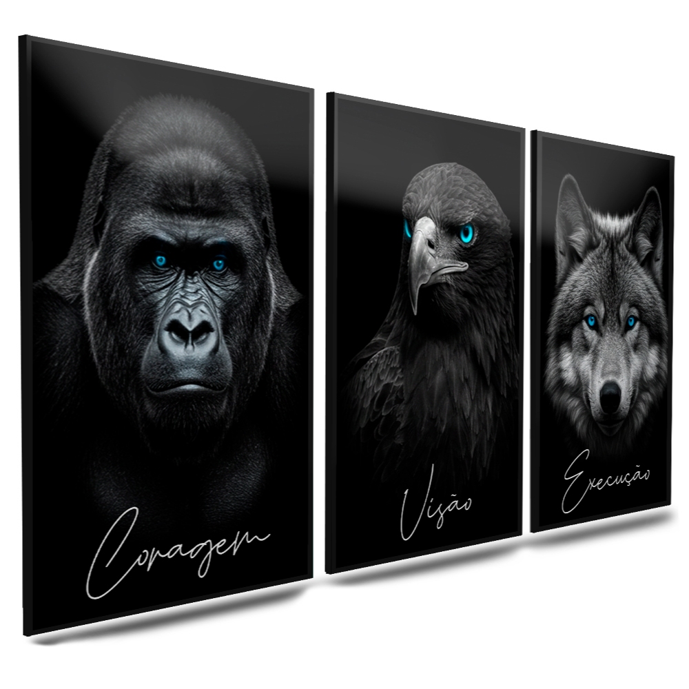 Quadro decorativo Palavras Motivacional Coragem, Águia e Lobo CORAGEM,VISÃO E EXECUÇÃO 3 peças