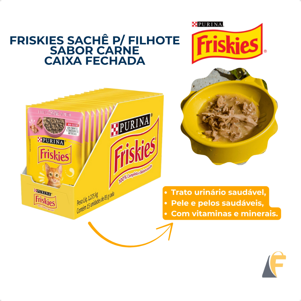 Friskies Gatos Sachê Ração Úmida Filhotes Carne | Caixa Fechada 15 Unidades 85g Purina