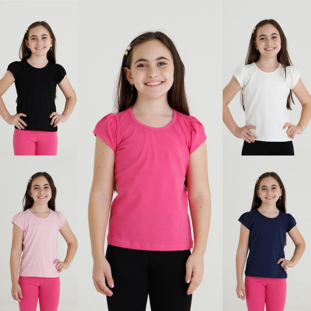 Kit 5 Blusa de Menina de Cotton Básica Manga curta e Franzida Infantil 1/2/3/4/6/8/10