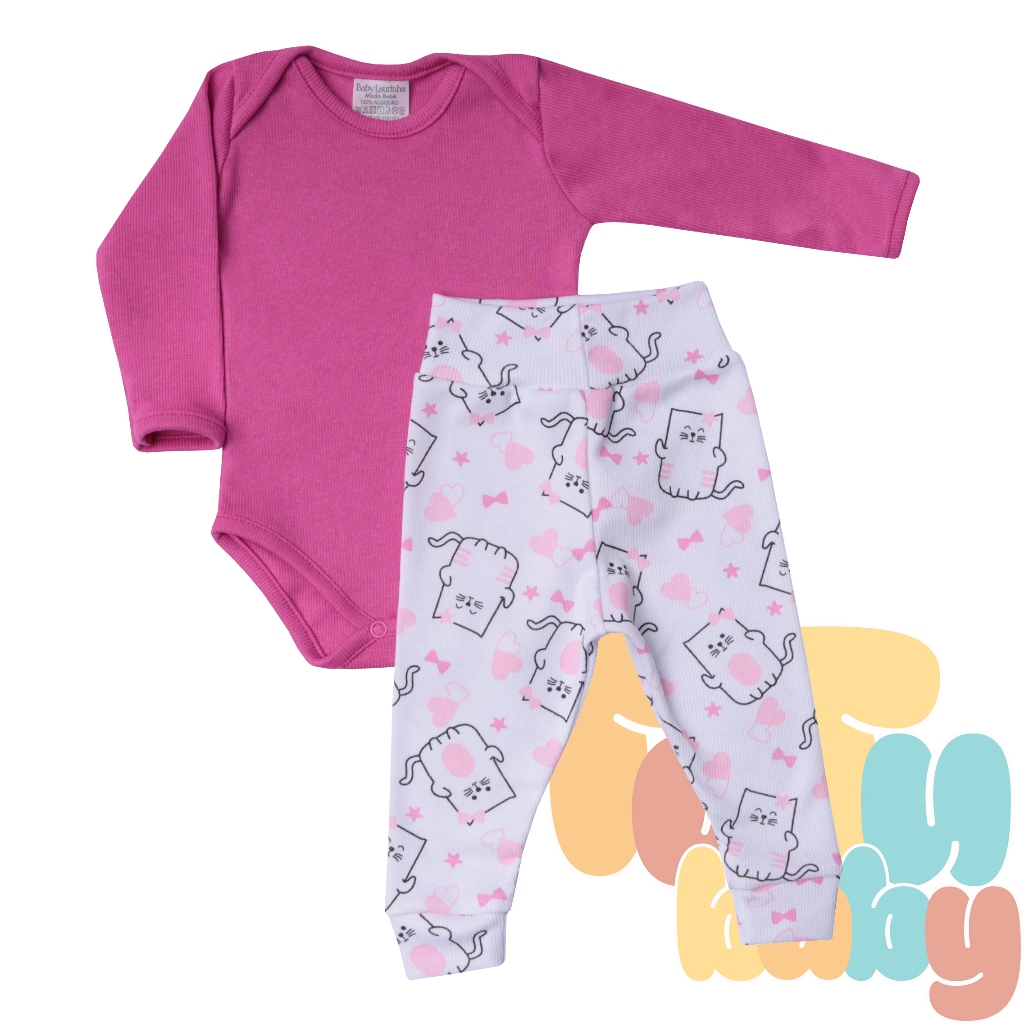 Kit Conjunto 2 Peças Body e Calça Bebê Para Menina Gatinha Pink - Ribana 100% Algodão - Cós Alto