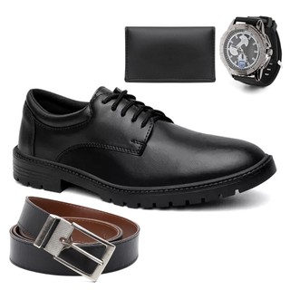 Kit 4 em1 Sapato Oxford Sintético Costura Reforçada+Cinto+Carteira+Relógio Alta Qualidade