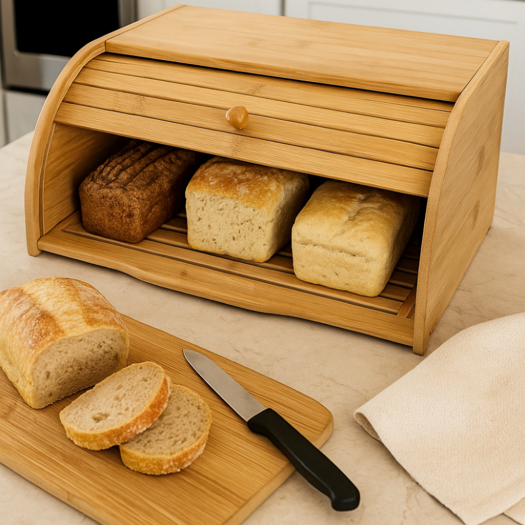 Porta Pão Pães Com Tampa Retrátil Em Bambu Armazenamento De Paes