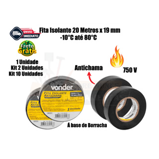 Fita isolante Antichama 20 Metros x 19 mm -10°C até 80°C 750V Preta Vonder em Oferta na Shopee