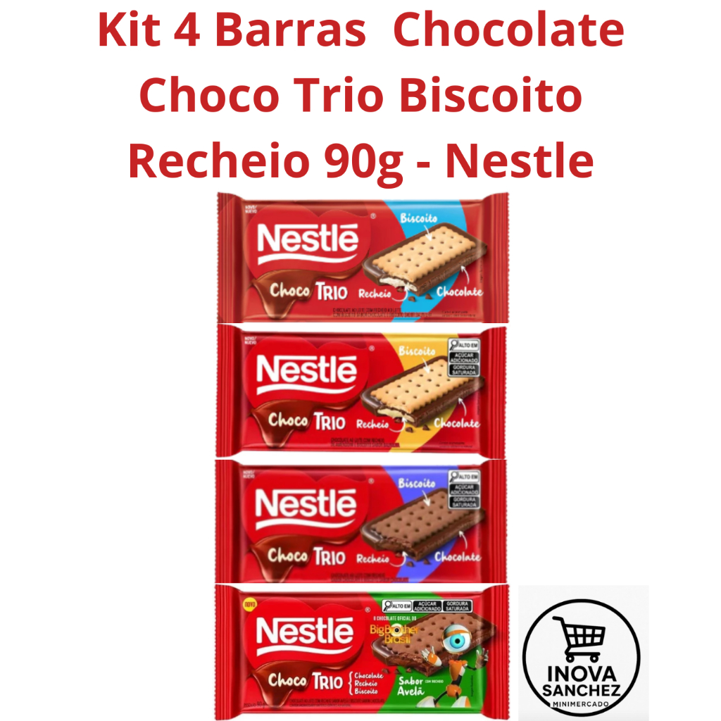 Kit 4 Barras  Chocolate Choco Trio Biscoito Recheio 90g - Nestle