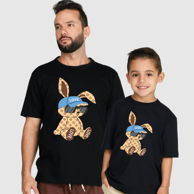 Camiseta Infantil Menino Estilosa Masculina Estampada Coelho Love Pai e Filho Casual Adulto e Infantil Malha Premium