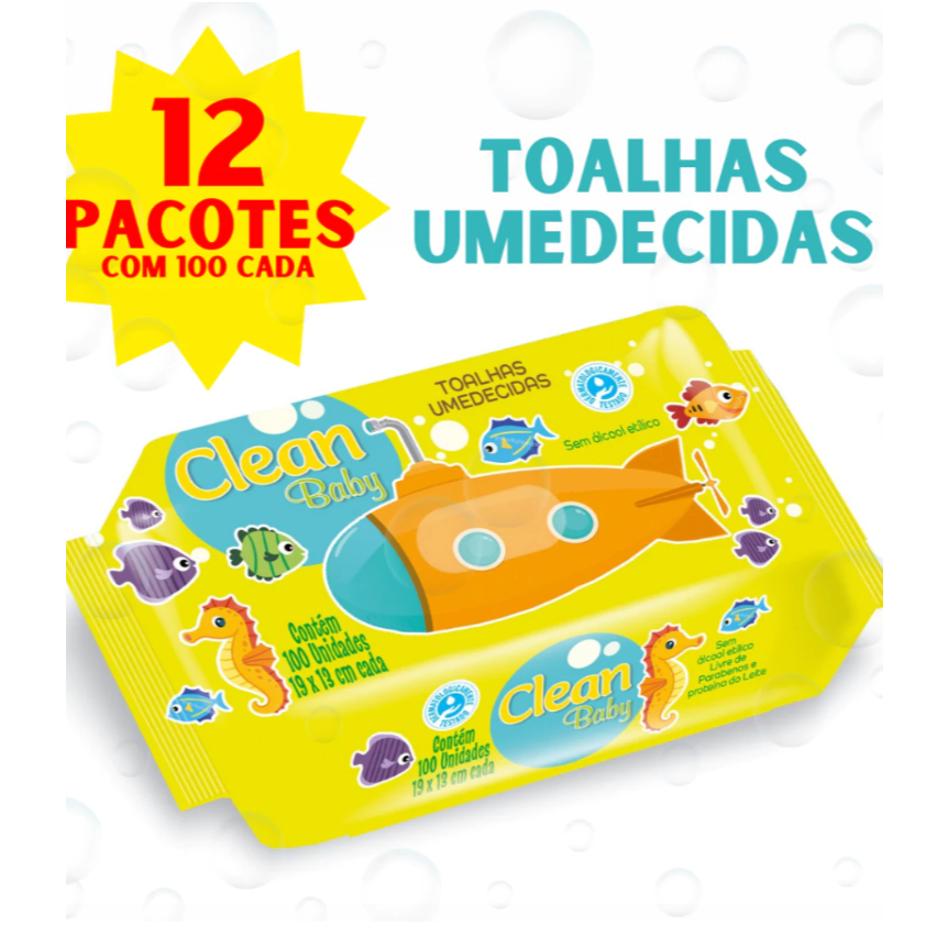 Caixa 12 Pacotes Toalhas Umedecidas Clean Baby com 100 unidades cada Atacado Na Promoção