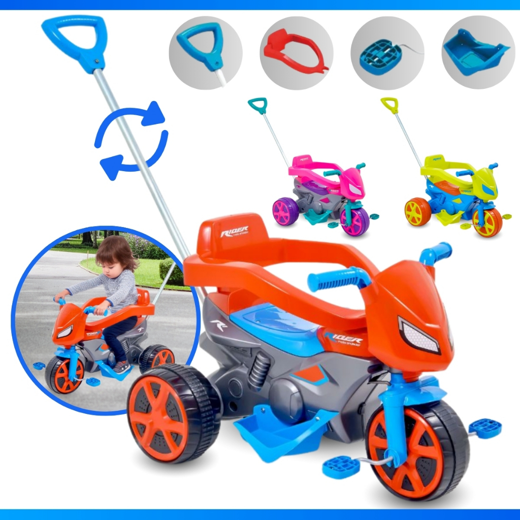 Triciclo I Antil Haste Direcionável e Pedal Moto Andador Passeio Motoca Rider