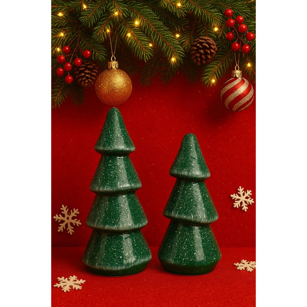Dupla Mini Árvore Verde e Branca de Natal Pinheiro Decoração Natalina Kit Enfeite em Cerâmica 22cm