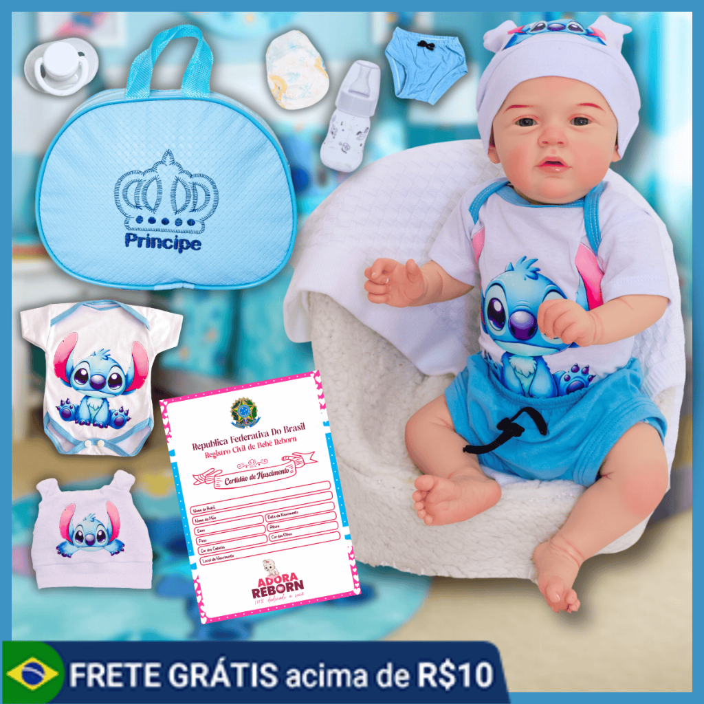 Bebê Reborn Boneco Menino Realista Stitch Original Corpinho Em Silicone Com Bolsa Maternidade - Mom & Baby