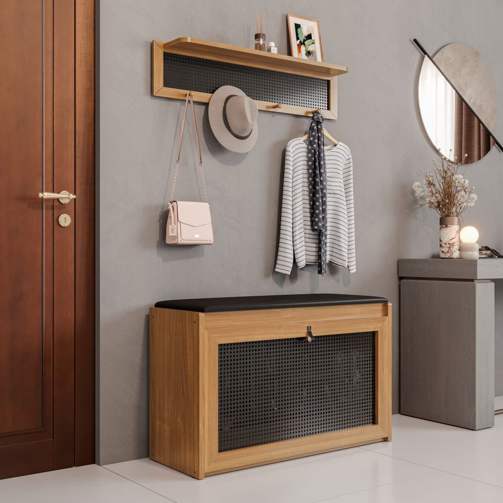 Sapateira Banco Plenitude Plus de Madeira Com Porta Basculante e Prateleira Cabideiro Porta Bolsa Com Detalhe Rattan