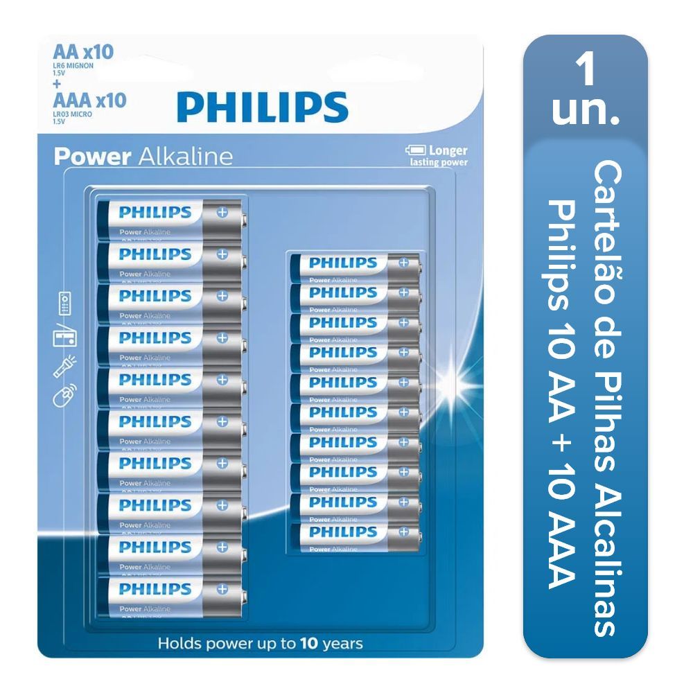 kit de Pilhas Alcalina Philips 10 pilhas Palito AAA + 10 pilhas Pequena AA Modelo Cilindrica