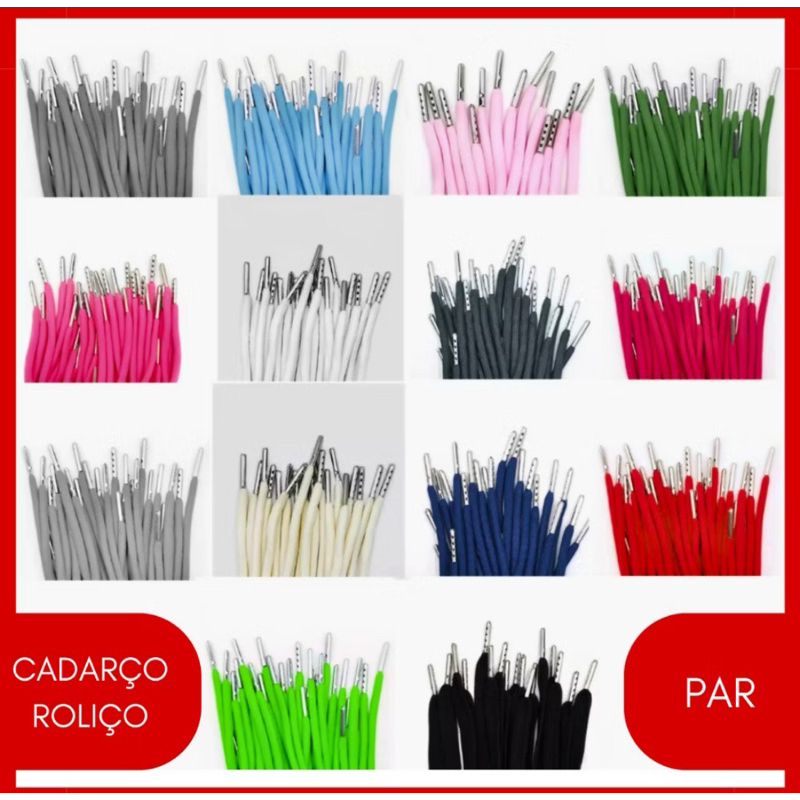 Cadarço Roliço c/ Ponteira de Metal 1.30m  Cores c/ 1 Par em Oferta na Shopee