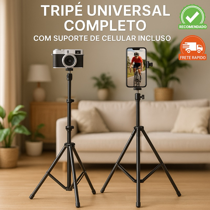 Tripé universal com suporte para celular - comp. Câmera Ring Light Iluminação Profissional 210cm