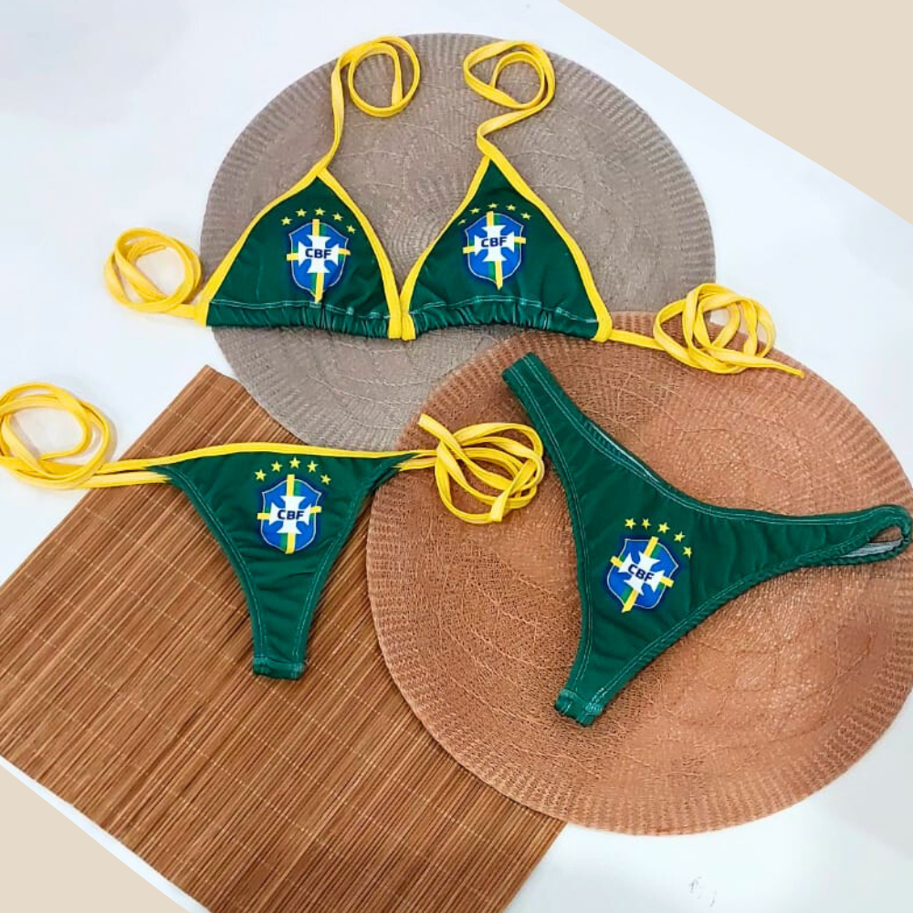 Conjunto Biquine Cortinha Amarração Fio Dental Futebol Brasileiro Seleção