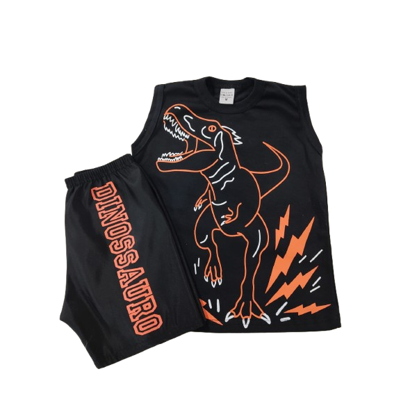 Conjunto Infantil Masculino Verão – Camiseta com Estampa de Dinossauro e Bermuda em 100% Algodão