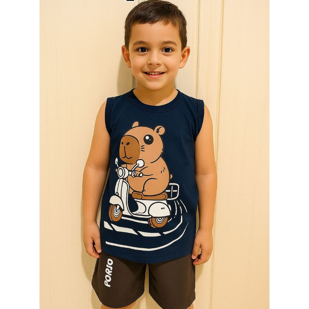kit Conjunto Criança Camiseta Masculina Capivara + Short de Praia Masculino e Infantil
