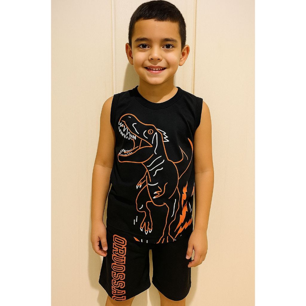 Conjunto Infantil Menino Dinossauro Bermuda e Regata Roupa 100% algodão de Criança masculino temáticas