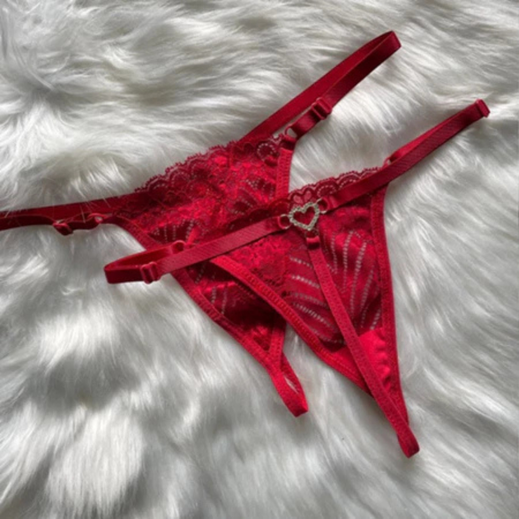 Calcinha Sexy Fio Dental Coração Pingente Brilho Renda Tanga Sexy Atrevida Sensual