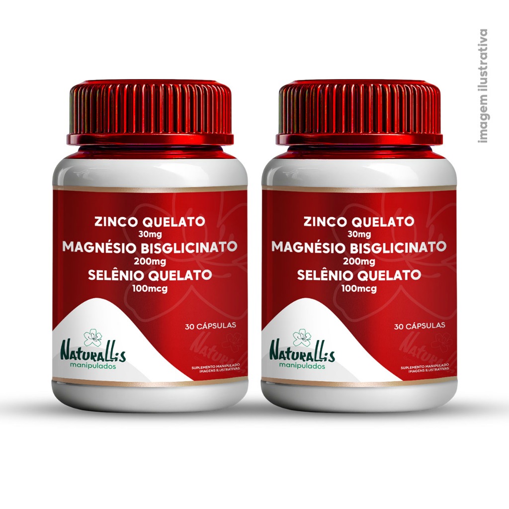 Kit 2 Zinco Quelato 30mg + Magnésio Bisglicinato 200mg + Selênio Quelato 100mcg 30 cápsulas