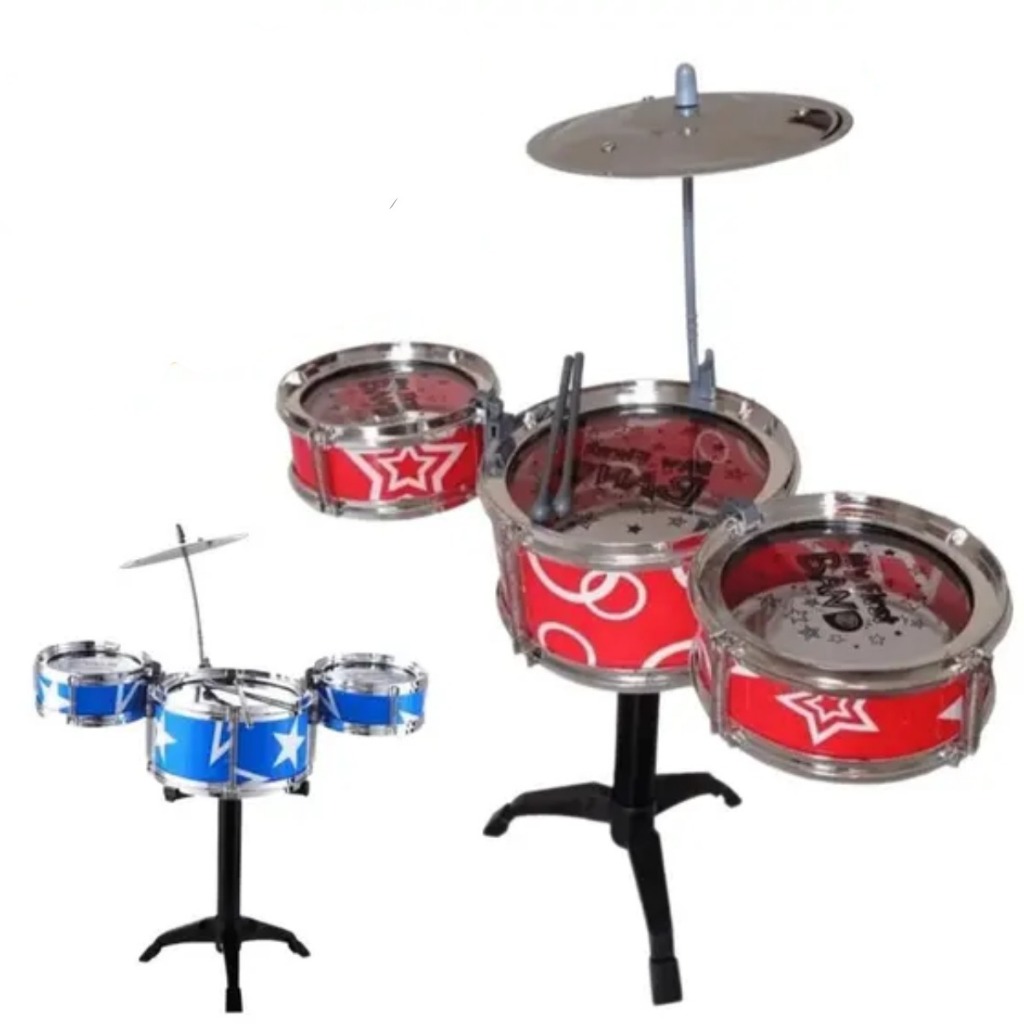 2 KIT MINI BATERIA MUSICAL 4pçs EDUCATIVO BRINQUEDO 3 TAMBORES+1 PRATO+2 BAQUETAS+SUPORTE INTERATIVO