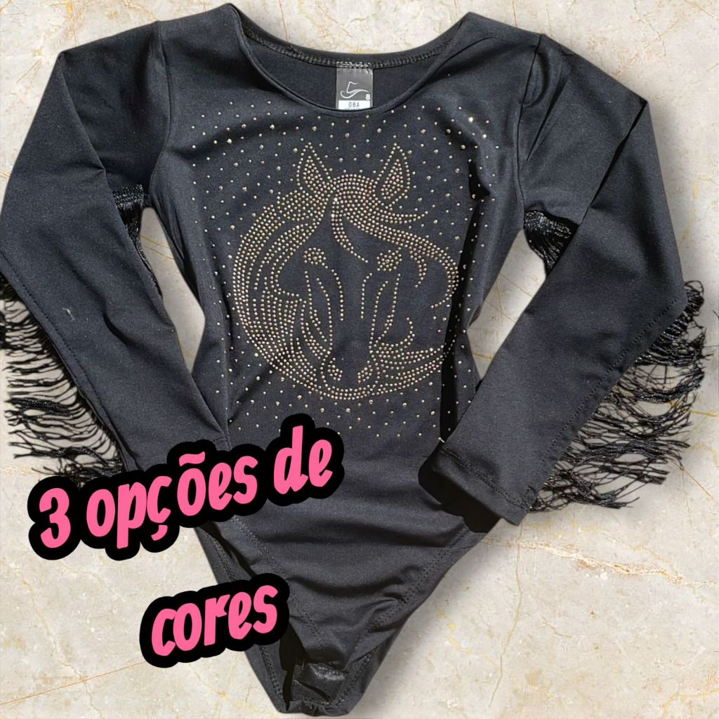 Body Infantil Manga Longa De Franja Brilho Strass Pingos Country Boiadeira Cavalos Diversas Cores