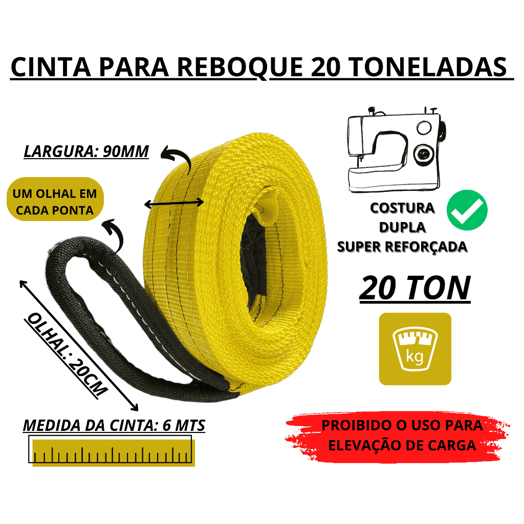 Cinta Fita 4x4 Reboque Guincho 20 Toneladas X 6 Metros Costura Dupla Desatolamento Reforçada Off Road